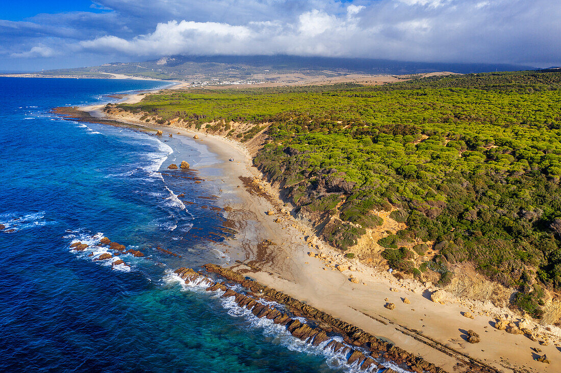 Aerial view of piscinas naturales de Bolonia natural pools, Bolonia, Costa de la Luz, Cadiz Province, Andalusia, southern Spain. Bolonia beach. Playa de Bolonia.