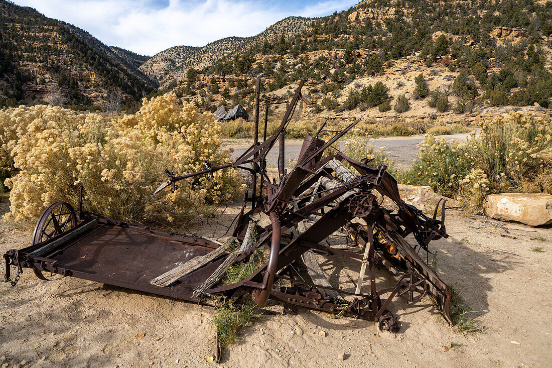 Eine alte Deering New Ideal Getreidebindemaschine in Cottonwood Glen im Nine Mile Canyon in Utah