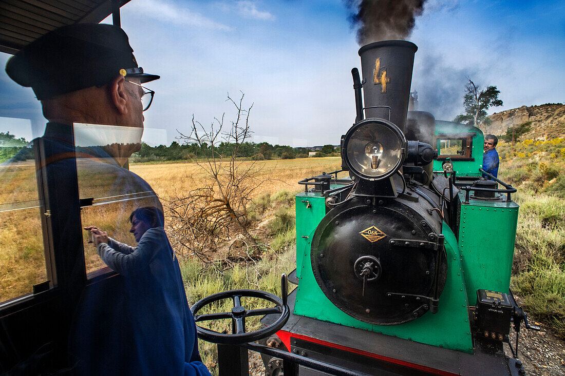 Bremser in der Lokomotive Aliva nº 4 im Zug El Tren de Arganda oder Tren de la Poveda in Rivas Vaciamadrid, Madrid, Spanien