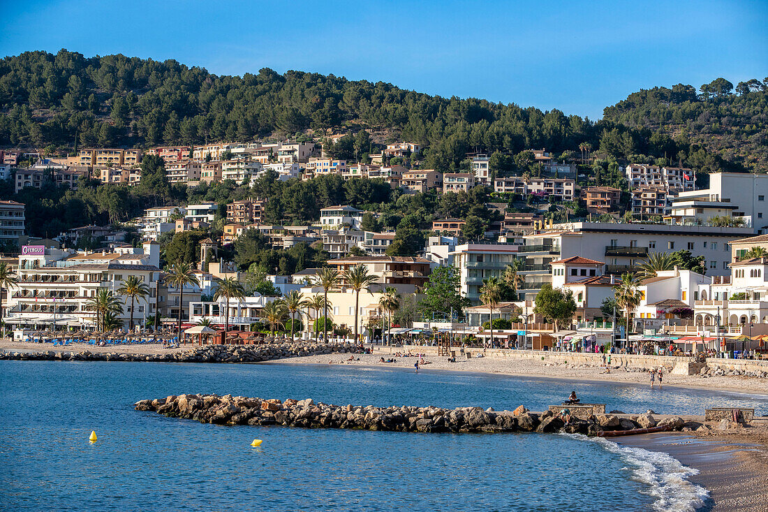 Aerial view of Platja de Port de soller beach, Port de Soller, Mallorca, Balearic islands, Spain