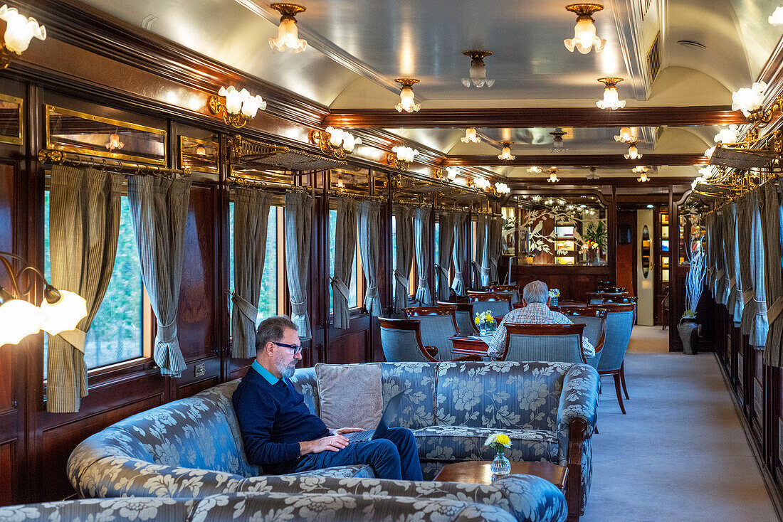 Saloon wagon of Al-Andalus luxury train travelling around Andalusia Spain.
