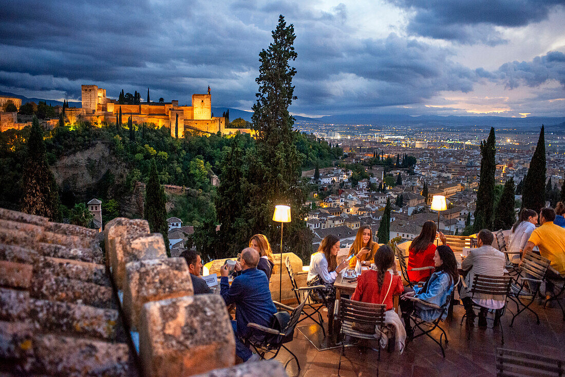 Evening restaurants in the Mirador de San Nicolas, Albaicin area, Sacromonte Granada, Andalucia, Spain, Europe