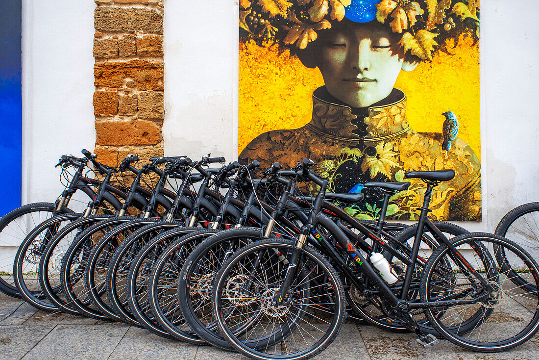Bicycles parked on a mural next to the central market of Cádiz, Costa de la Luz, Andalusia, Spain.