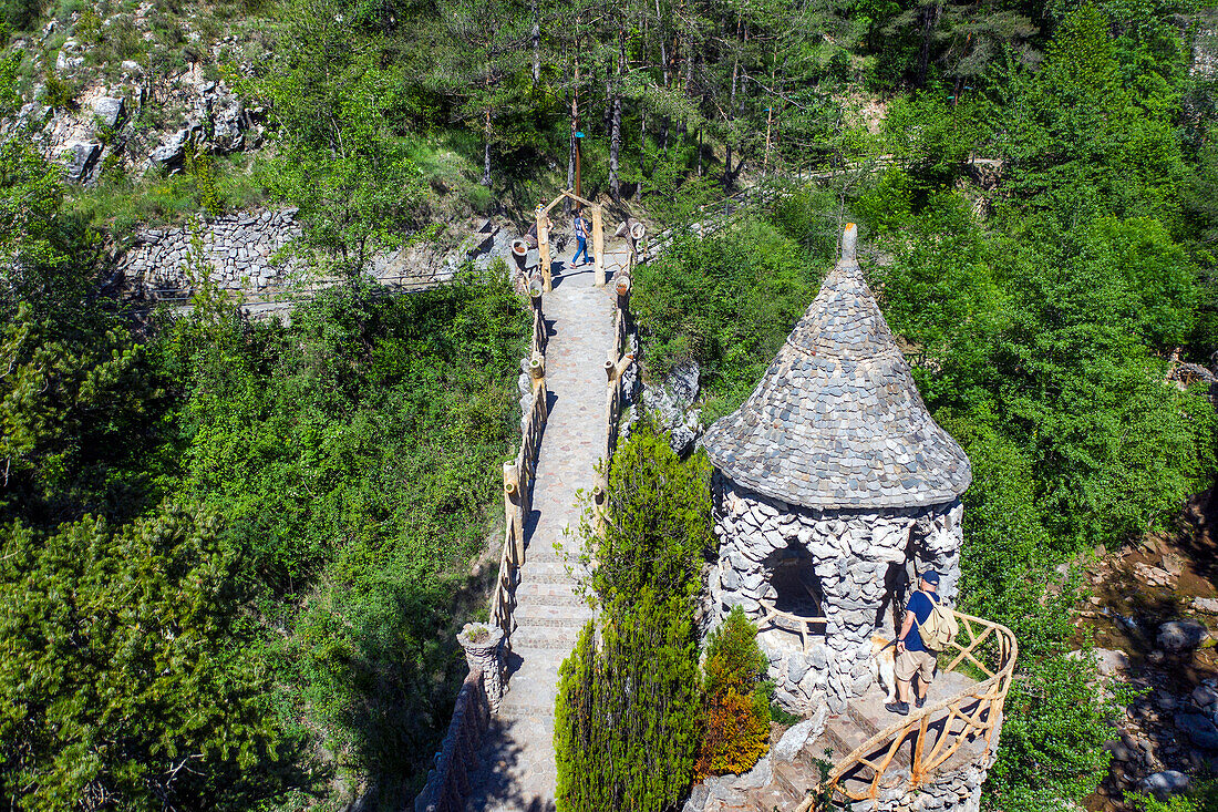 Aerial view of Artigas Gardens or Jardins Artigas designed by Antoni Gaudí. View of the arches bridge in La Pobla de Lillet, Catalonia, Spain.