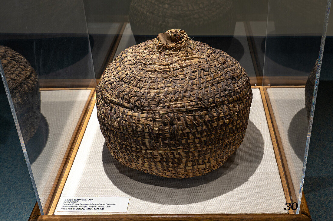 A 1000-year old Native American Fremont Culture basketry jar in the USU Eastern Prehistoric Museum in Price, Utah.