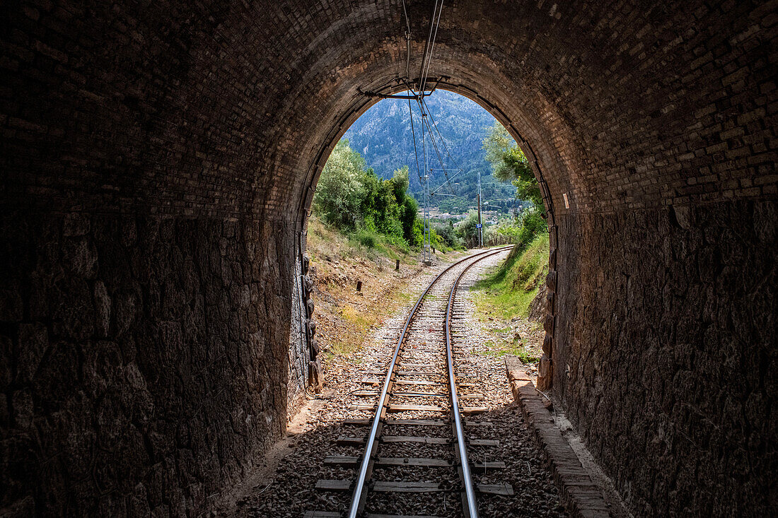 Tunnel in the line of tren de Soller train vintage historic train that connects Palma de Mallorca to Soller, Majorca, Balearic Islands, Spain, Mediterranean, Europe.