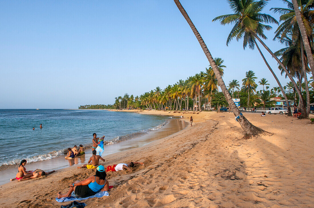Las Terrenas beach, Samana, Dominican Republic, Carribean, America. Tropical Caribbean beach with coconut palm trees.
