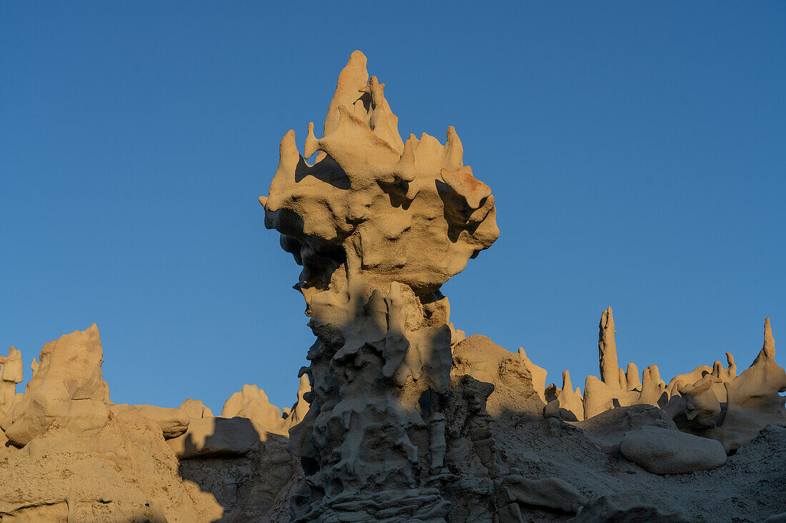 Fantastically eroded sandstone formations at sunset in the Fantasy Canyon Recreation Site, near Vernal, Utah.