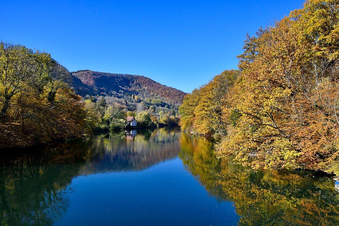 France, Doubs, Bief, Doubs valley with autumn colors