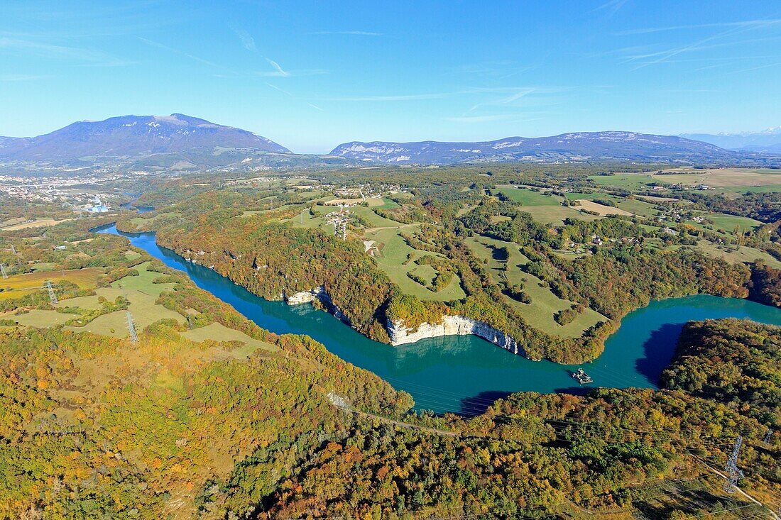 Frankreich, Ain, Injoux Genissiat, rund um den Genissiat-Staudamm an der Rhone (Luftaufnahme)