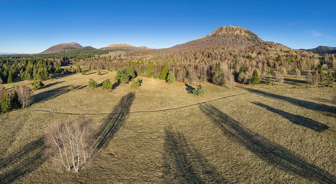 France, Puy de Dome, Orcines, Regional Natural Park of the Auvergne Volcanoes, listed as World Heritage by UNESCO, the Chaine des Puys (aerial view)
