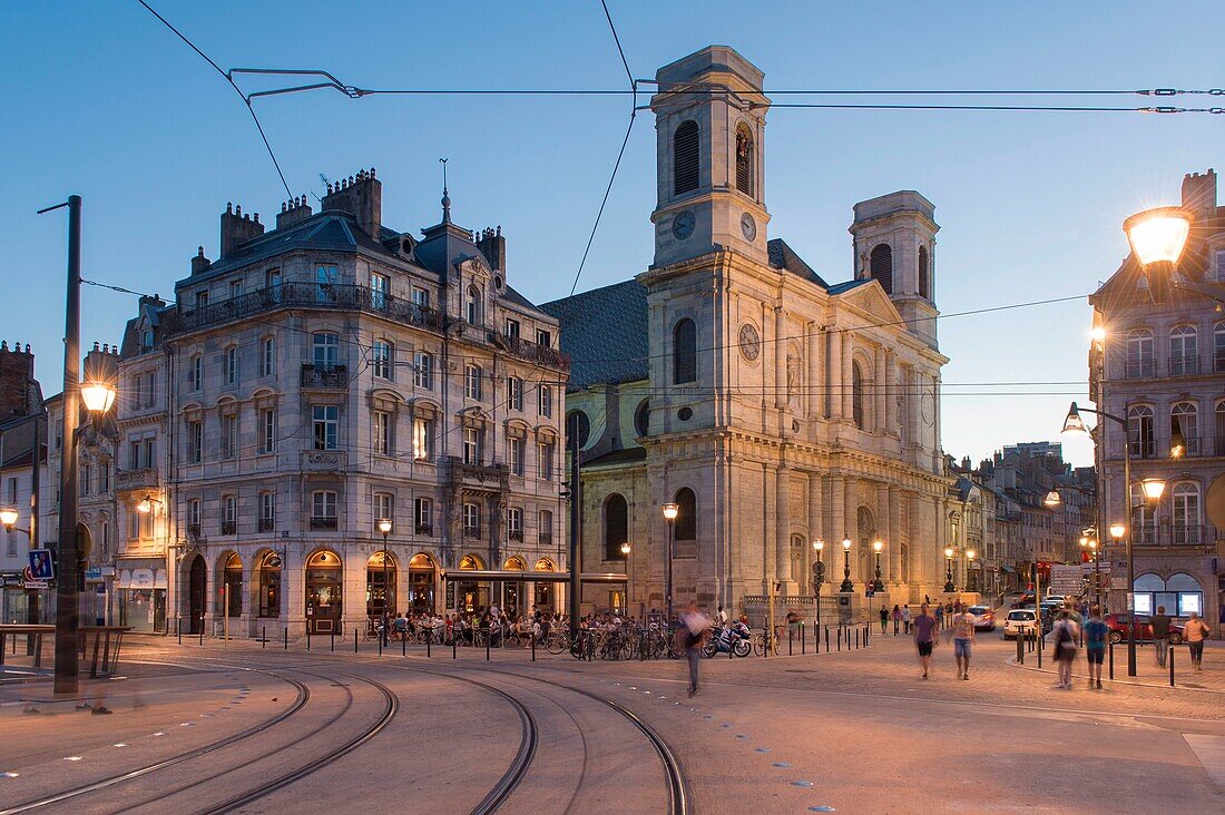 France, Doubs, Besancon, on the now pedestrian bridge of Battant, the arrangements of the tramway on the place Jouffroy d'Abbans and the Madeleine church at dusk