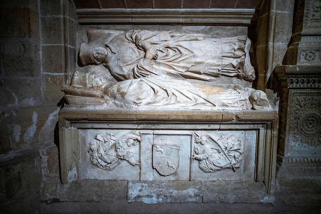 An effigy in the Chapel of tomb of the Doncel, or young Knight, a much visited section of Siguenza Cathedral, Spain. He died in 1486 when he was 14, young nobleman Martín Vázquez de Arce (1460-1486), portrait statue in his tomb in the Cathedral of Sigüenza (Guadalajara), made in polychromed alabaster, 1486-1504.