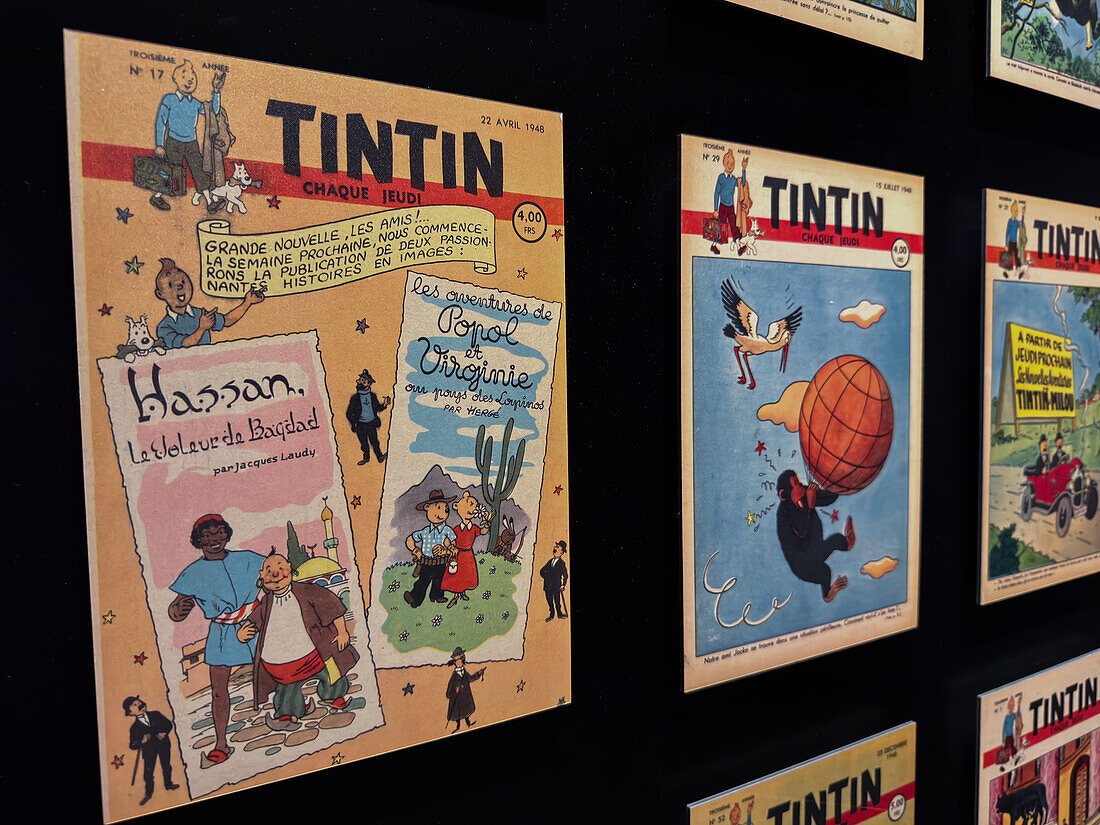 Assorted covers of The Adventures of Tintin comic books by Herge.