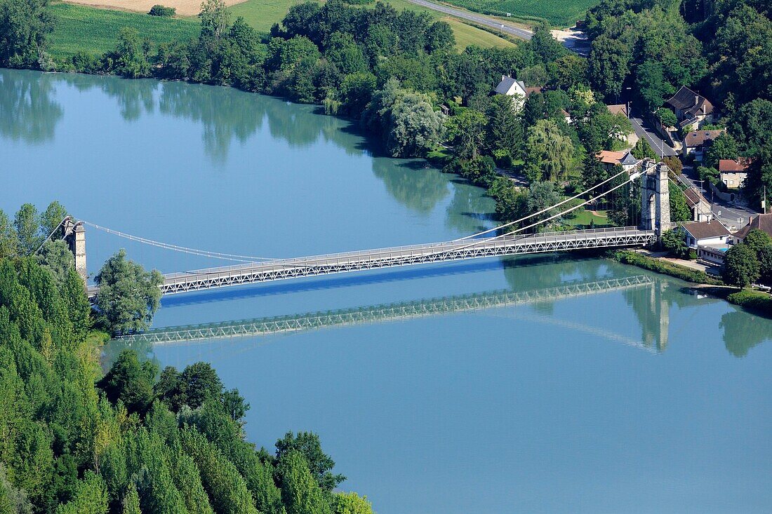 France, Ain, Groslee, Suspension bridge on the Rhone (aerial view)