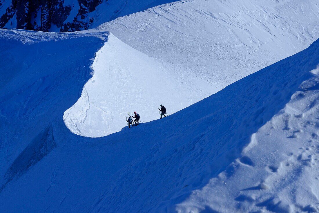 Frankreich, Haute Savoie, Chamonix Mont Blanc, Alpinisten auf dem Grat der Aiguille du Midi (3848m), Mont-Blanc-Kette, Abstieg vom Vallee Blanche