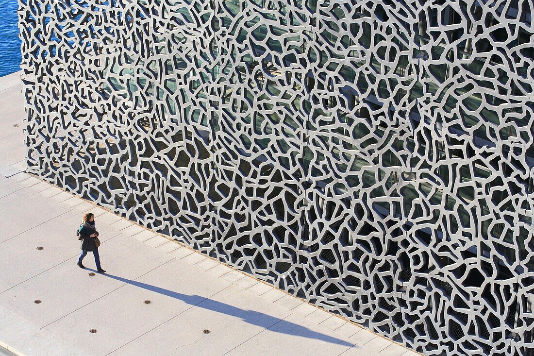 France, Bouches du Rhone, Marseille, J4 esplanade, MUCEM (Museum of European and Mediterranean Civilizations) designed by the architect Rudy Ricciotti, the concrete mesh of the architectural structure