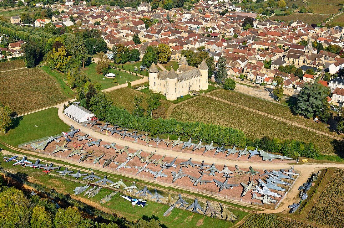 France, Cote d'Or, Savigny les Beaune, the castle and the fighter aircrafts museum (aerial view)
