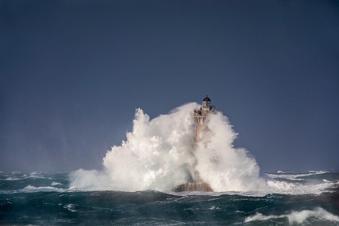 France, Finistere, Porspoder, Landunvez, Presqu'île de Saint Laurent, Chenal du Four, The Four lighthouse under storm, Historical monument classified