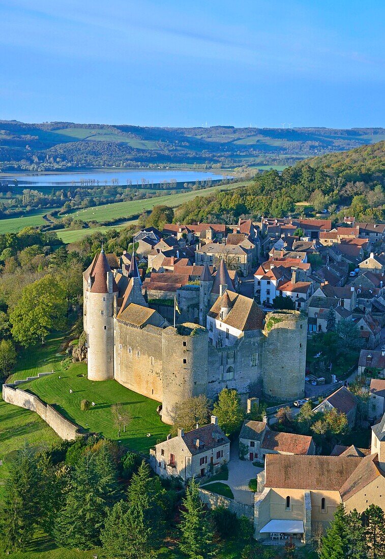 France, Cote d'Or, Chateauneuf en Auxois, labelled The Most beautiful Villages of France, the castle (aerial view)
