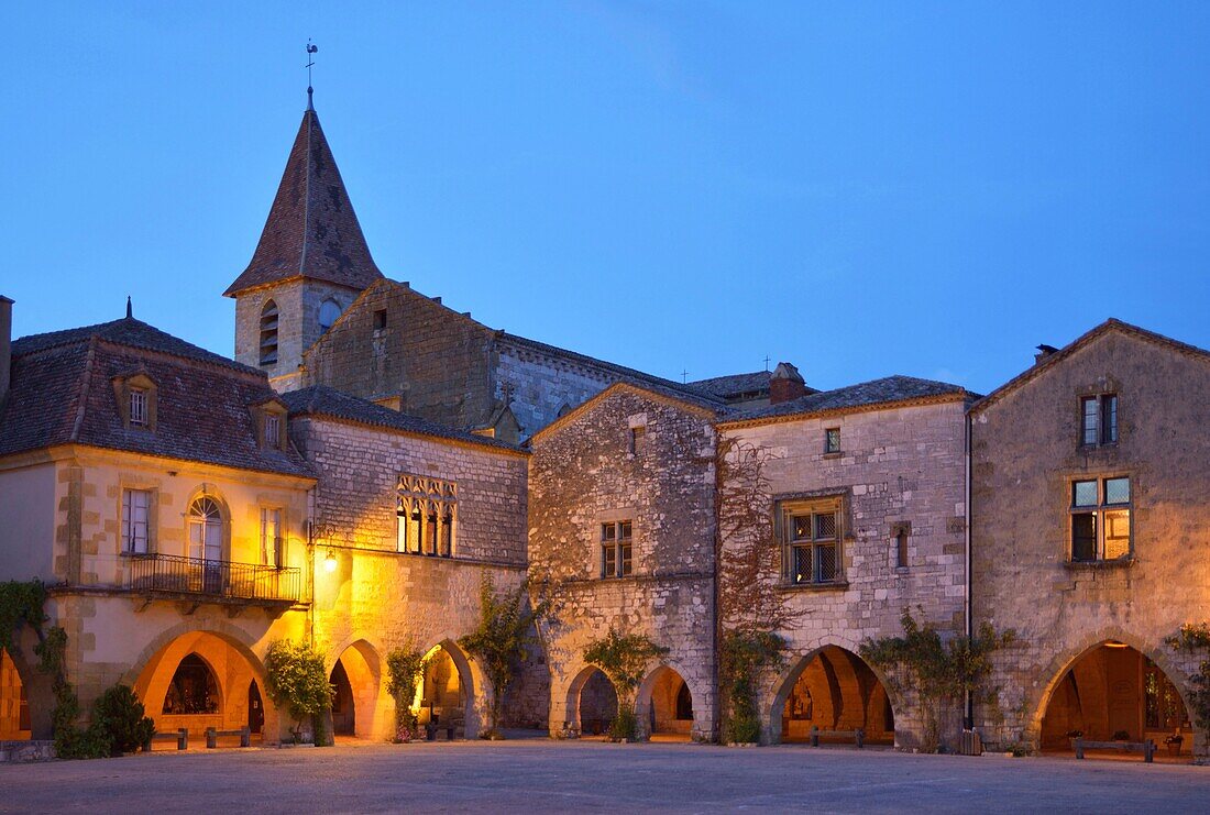 France, Dordogne, Perigord Pourpre, Monpazier, labelled Les Plus Beaux Villages de France (The Most Beautiful Villages of France), Place des Cornieres in the bastide, the hall