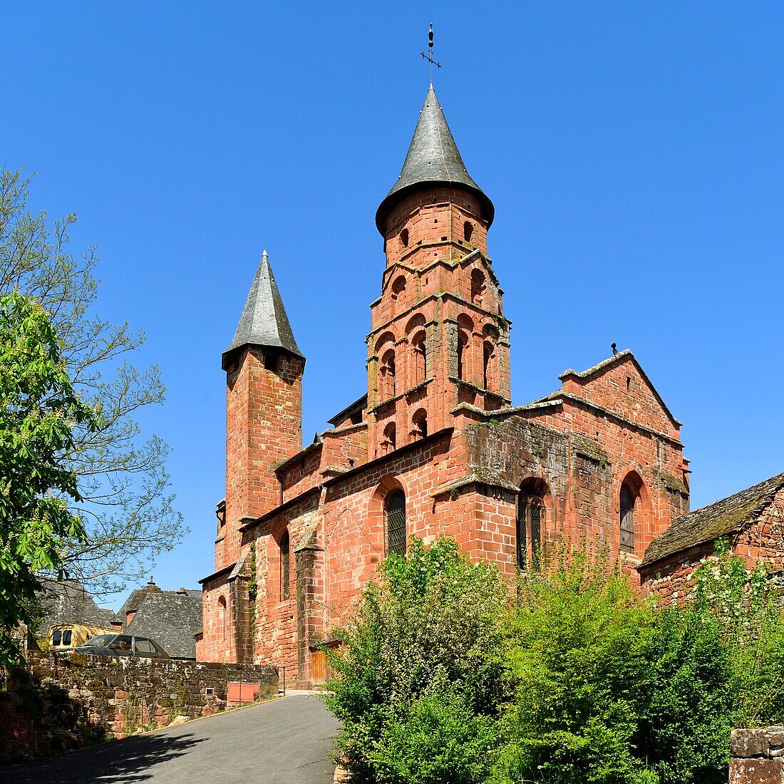 France, Correze, Collonges la Rouge, labelled Les Plus Beaux Villages de France (The Most Beautiful Villages of France), village built in red sandstone, St Pierre Church