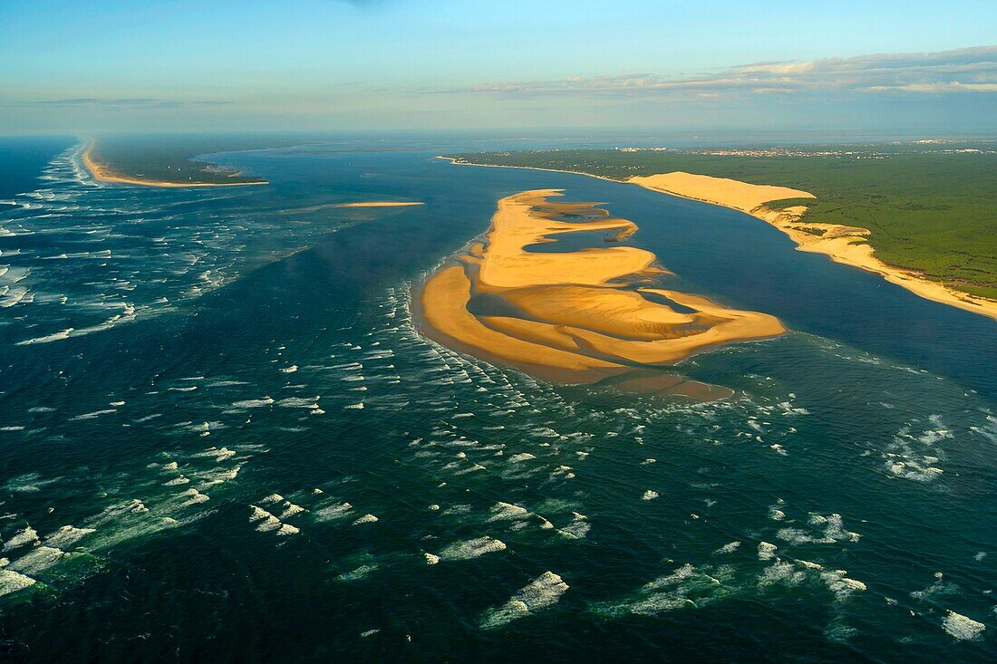 France, Gironde (33), Bassin d'Arcachon, aerial view of the passes, Banc d'Arguin, Cap Ferret and Dune du Pilat (aerial view)