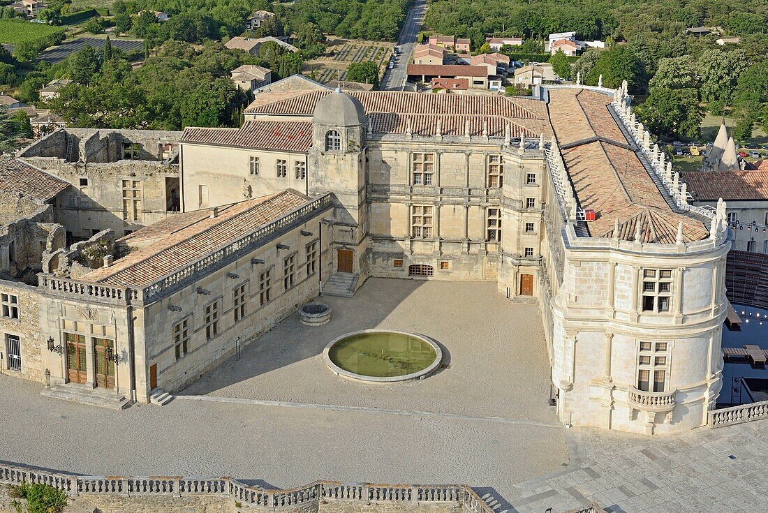 France, Drome, Grignan village and its castle (aerial view)