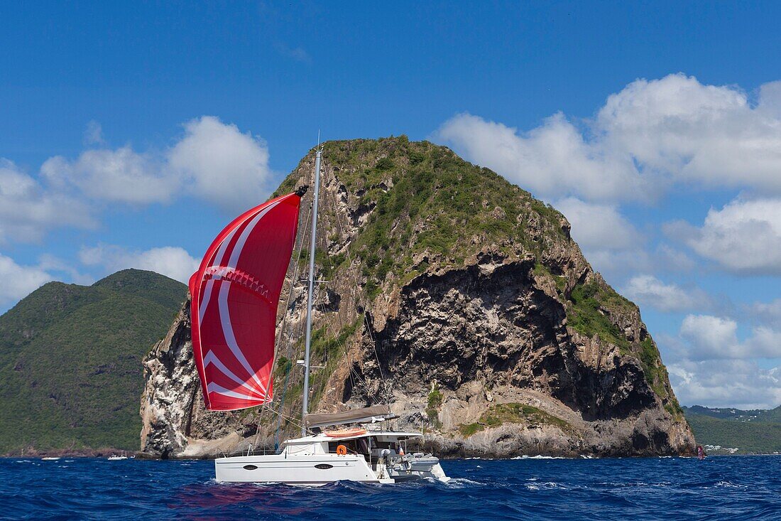 Martinique, Caribbean Sea diamond tip, desert island, diamond rock, foreground cruising catamaran sailing under red spinnaker