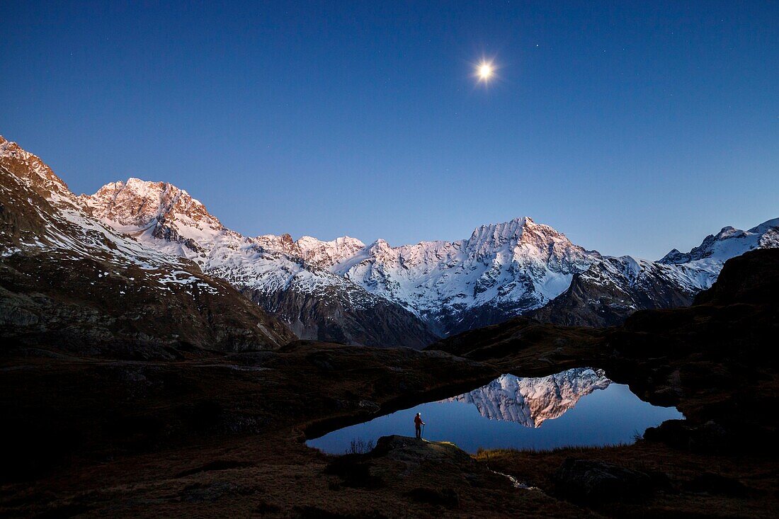 France, Hautes Alpes, national park of Ecrins, valley of Valgaudemar,La Chapelle en Valgaudémar, reflection of Sirac (3441m) on the lake of Lauzon (2008m), on the left the peak Jocelme (3458m)