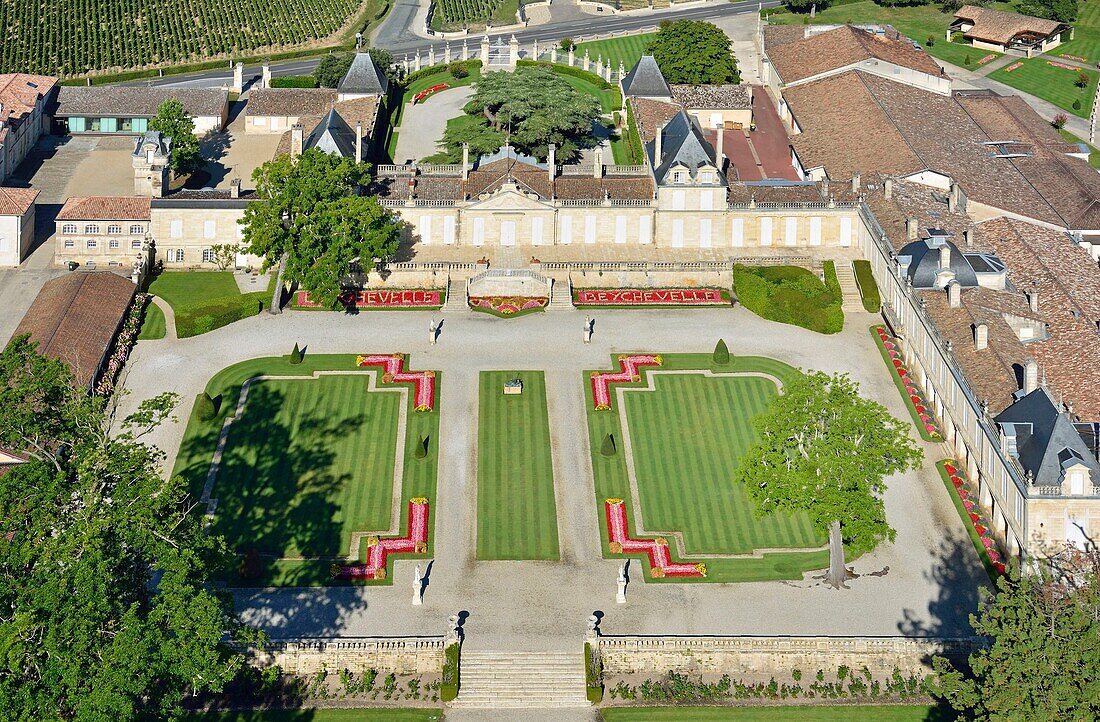 France, Gironde, Saint Julien Beychevelle, the vineyard and Chateau Ducru Beaucaillou in the Medoc, Second Grand Cru 1855 (aerial view)