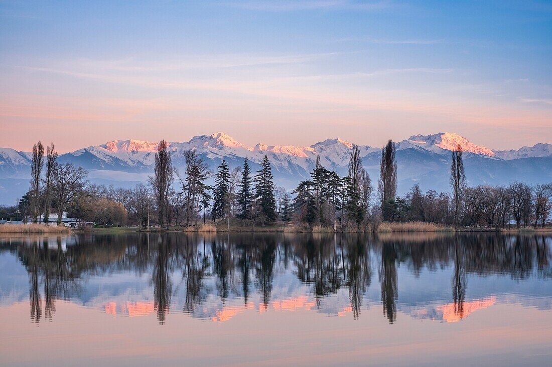 France, Savoie, Les Marches, Lake Saint André in the heart of the Combe de Savoie vineyards, Belledonne range covered with snow in the background