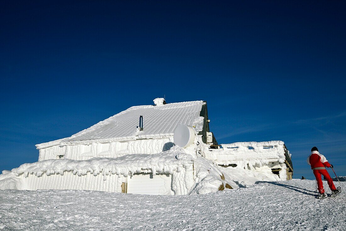 France, Haut Rhin, Hautes Vosges, Le Hohneck (1363 m), summit, hotel-restaurant du Sommet, snowshoeing, winter, snow