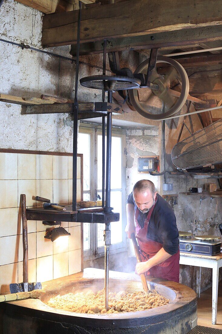 France, Dordogne, Perigord, Vern Valley, Neuvic sur l'Isle, the mill of the Veyssiere opened in 1857, artisanal manufacture of walnut oil, baking walnut paste