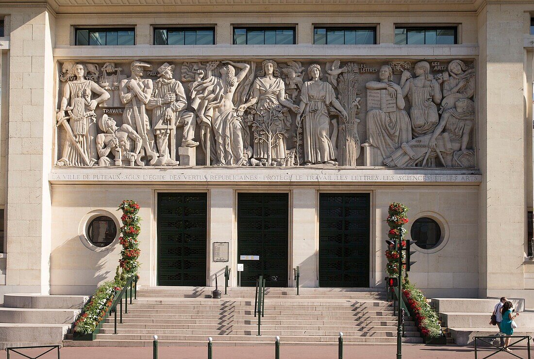 France, Hauts de Seine, Puteaux, Town Hall, the bas-reliefs of the street facade of the Republic of the sculptor Alfred Janniot, Grand Prix of Rome