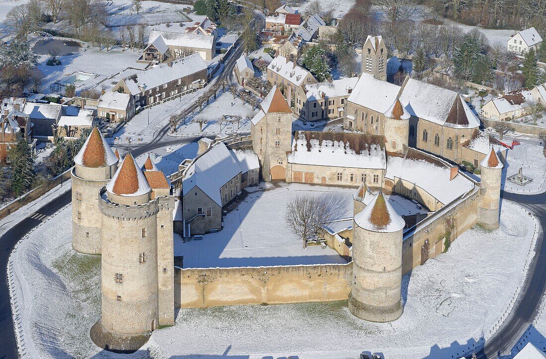 France, Seine et Marne, Blandy les Tours, Castle of Blandy les Tours under the snow, the Medieval Castle (aerial view)