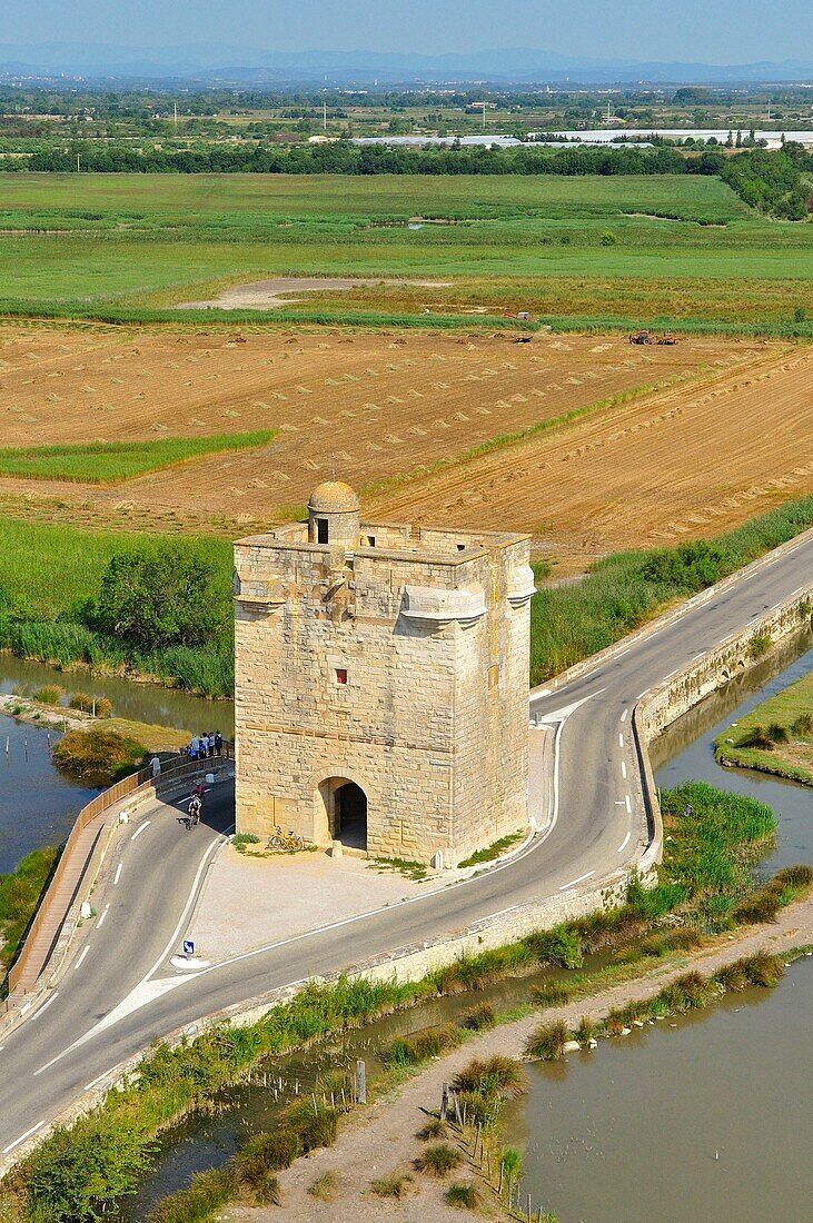 France, Gard, Aigues Mortes, landscape of the Camargue, tower (aerial view)