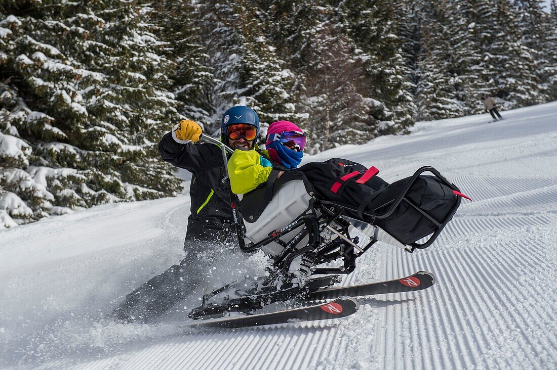 France, Savoie, Massif de la Vanoise, National Park, Pralognan La Vanoise, practice of handiskiing in tandem skiing with an instructor