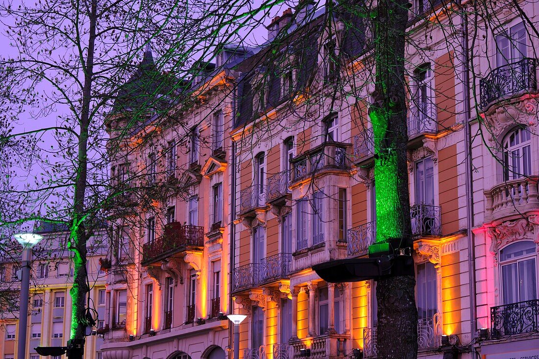 France, Territoire de Belfort, Belfort, Avenue Foch, building dated early 20th century, Christmas lights