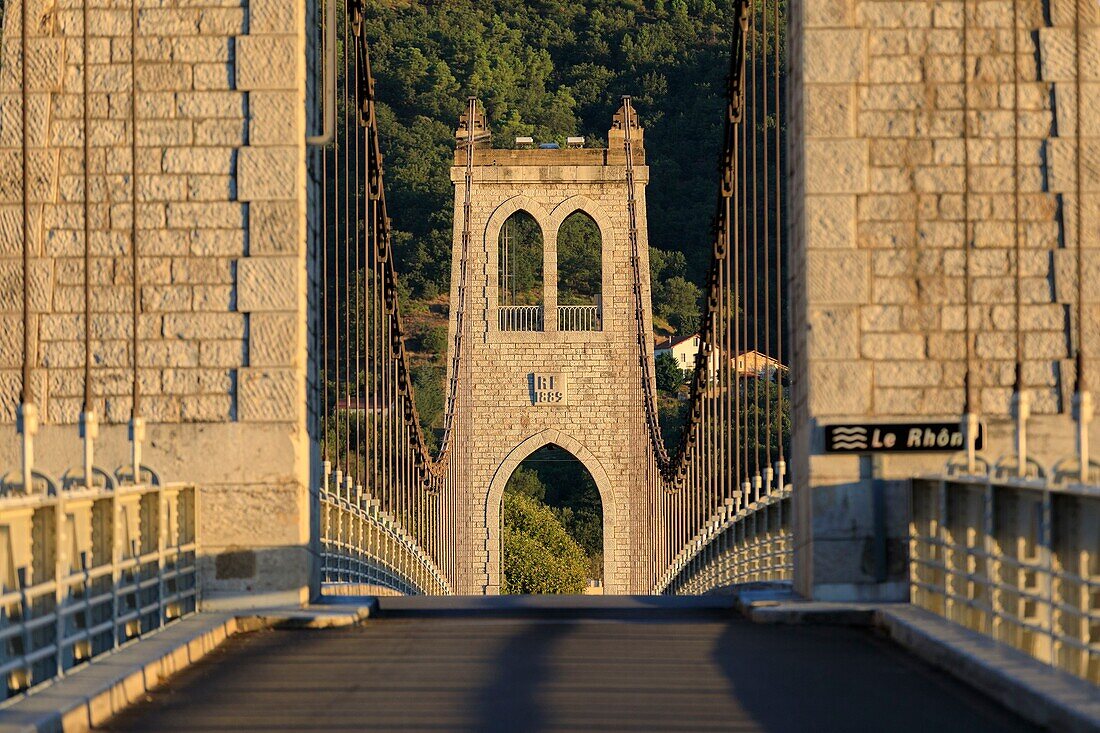 France, Ardeche, La Voulte sur Rhone, suspension bridge on the Rhone