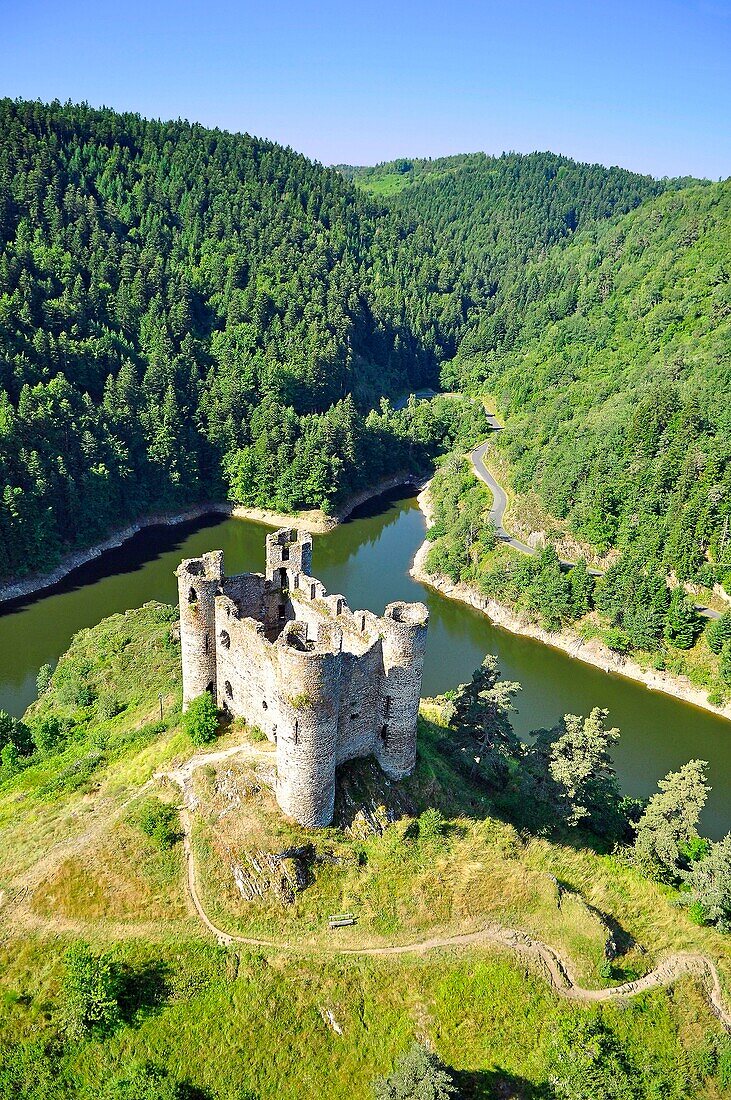 France, Cantal, Alleuze, castle of Alleuze, lake of restraint of Grandval (aerial view)