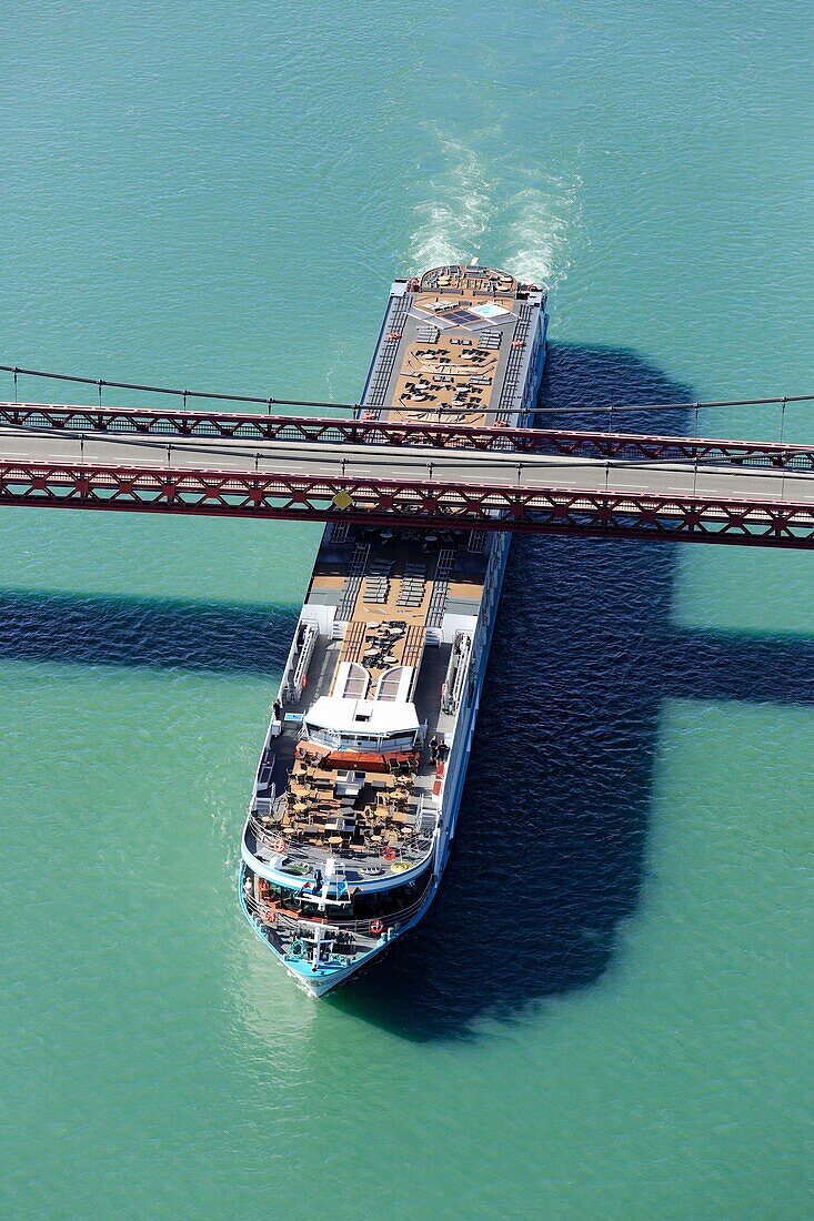 France, Ardeche, Viviers, bridge on the Rhone, cruise ship (aerial view)