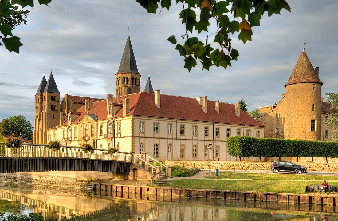 France, Saone et Loire, Paray le Monial, the Sacre Coeur Basilica of the XIIth century seen the banks of Bourbince