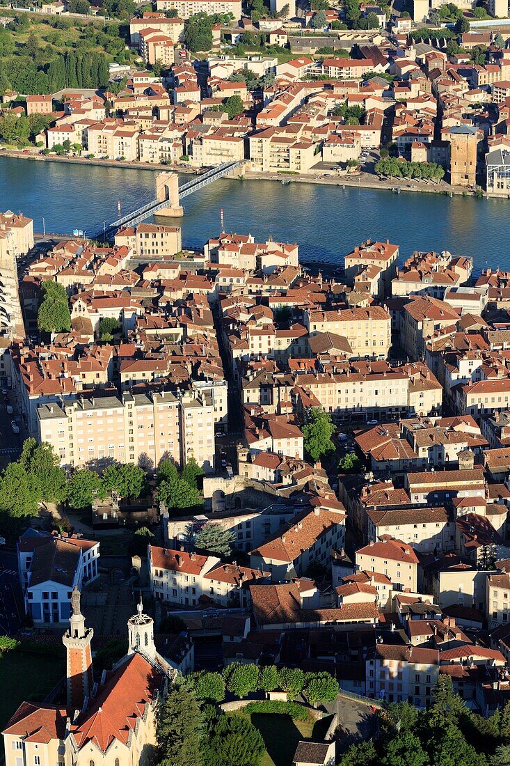 France, Isere, Vienne, suspension bridge on the Rhone (aerial view)