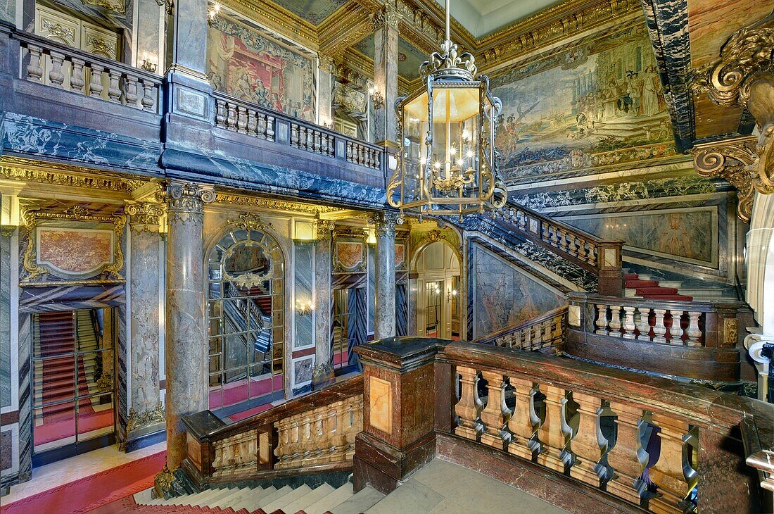 France, Paris (75), Chamber of Commerce and Industry of Paris, Hotel Potocki, the marble staircase and its hanging tapestries