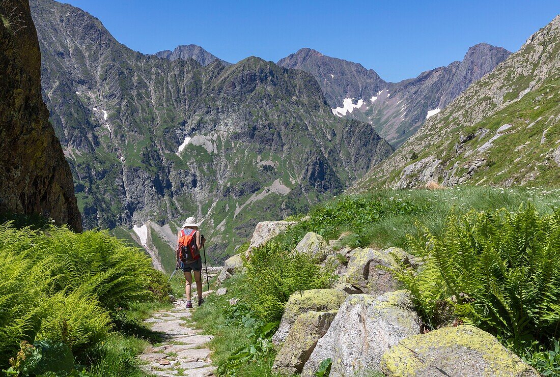France, Hautes-Pyrenees), Loudenvielle, Val Louron, hiker on the path to Caillauas lake