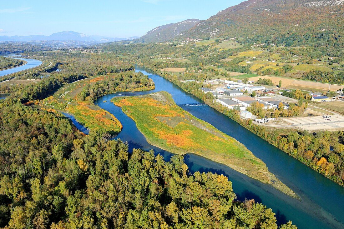 France, Savoy, Serrieres en Chautagne, The Big Islands, The Rhone (aerial view)