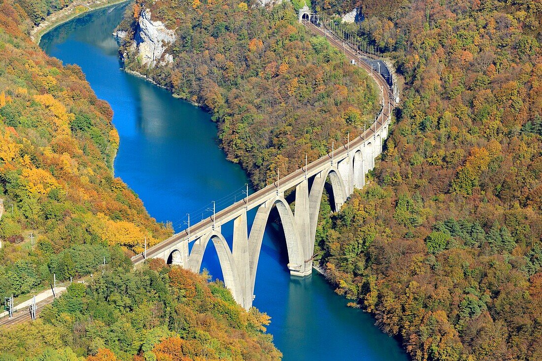 France, Ain, Haut Jura regional natural park, Leaz, The Ecluse parade (classified site) and the Longeray viaduct on the Rhone (aerial view)