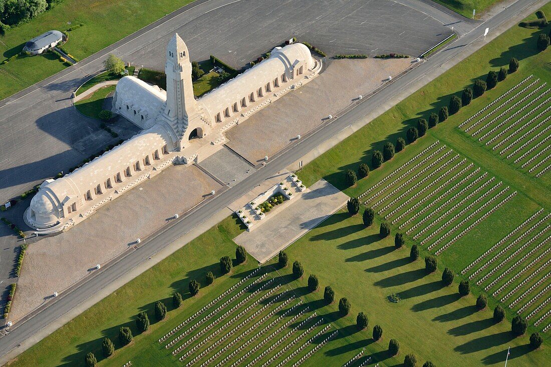 France, Meuse, Douaumont, Ossuary of Douaumont the military cemetery of the deaths of the war 14 18 (aerial view)