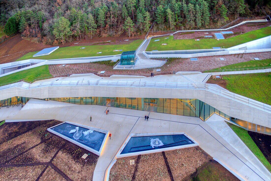 France, Dordogne, Montignac, Montignac Lascaux Parietal Art international Centre (Lascaux 4) building site designed by the Norwegian architectural agency Snøhetta (aerial view)